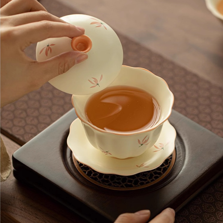 Bát có nắp tam tài viền hoa lan màu be bát pha trà gia dụng gốm sứ không nóng tay dụng cụ pha trà Kung Fu