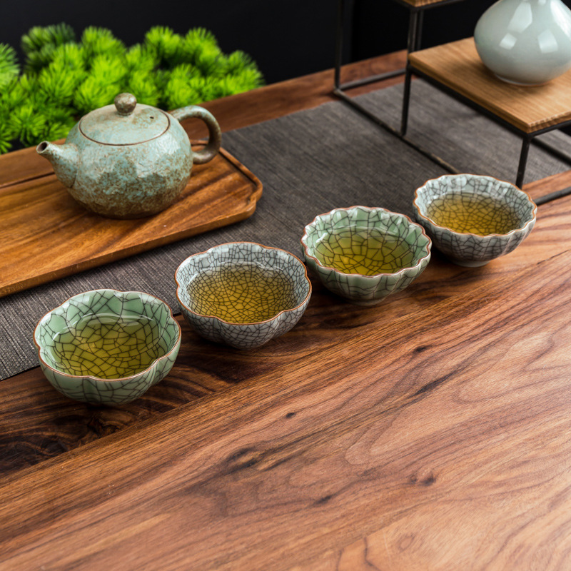 Cốc trà Ge Kiln có thể nâng cao dây vàng và dây sắt, cốc chủ nhân Long Tuyền men ngọc, cốc trà lớn có vết nứt băng, cốc thủ công chính thức