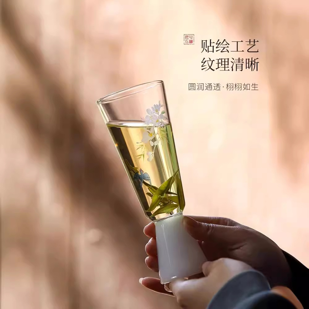 Cốc Trà Hoa Mộc Lan chân cao cốc thủy tinh chịu nhiệt cao gia dụng cốc chủ nhân chống bỏng cốc trà cao cấp Trung Quốc thủ công
