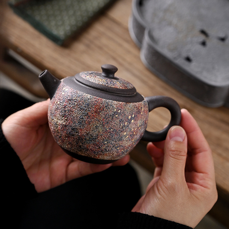 Ấm trà đá gốm thô và mỏ đầy màu sắc, tách trà cổ điển, bộ trà, đồ thủ công bằng gốm sơn thủ công, ấm trà Xi Shi, ấm trà đốt củi