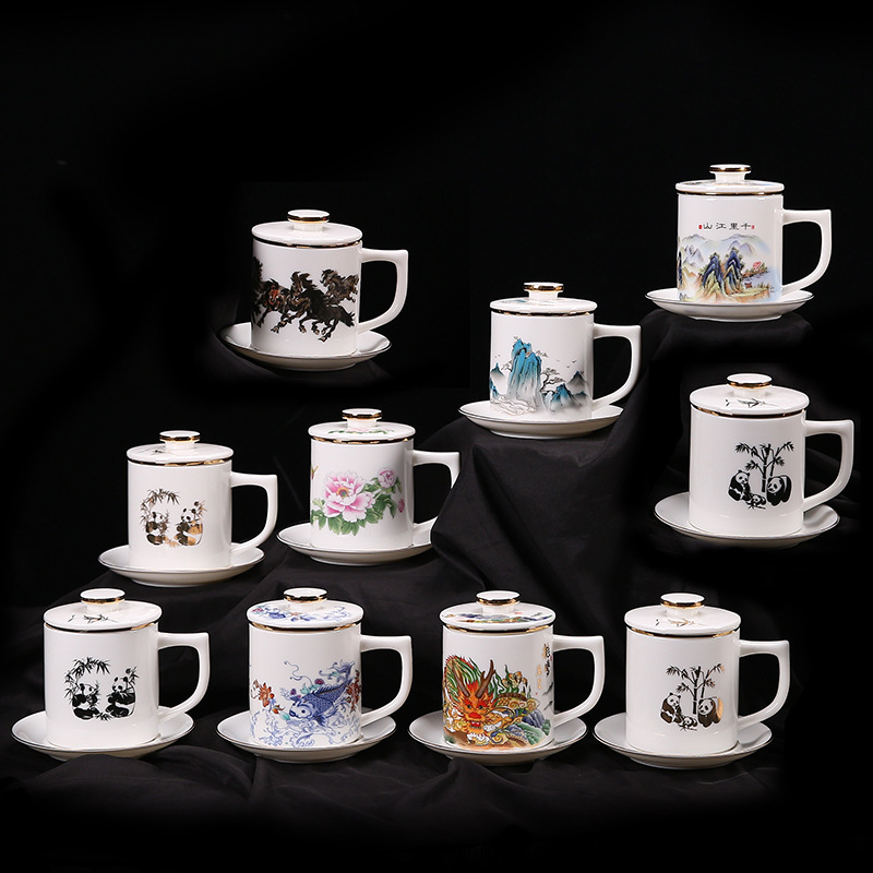 Cốc trà gốm sứ ngọc bích mỡ cừu Hàng Ngàn Dặm Giang Sơn Cốc văn phòng có nắp đế cốc Đức Hoa sứ trắng cốc nước văn phòng