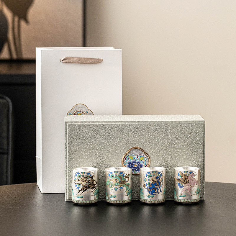 Hộp quà bộ trà Kung Fu mạ bạc 999 cốc thẳng bốn cốc trà cao cấp sang trọng cốc uống trà gia dụng