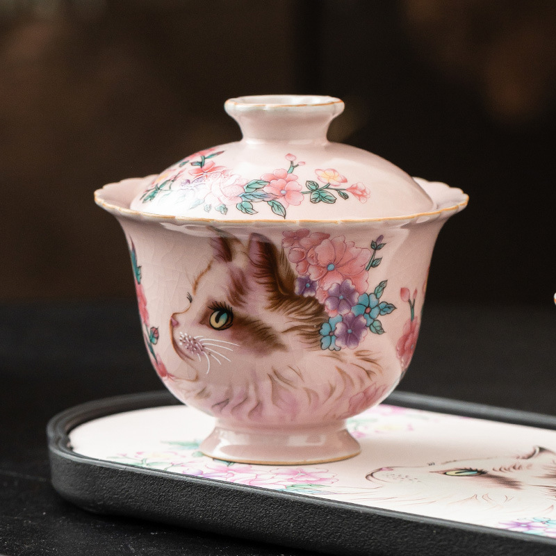 Ru Kiln Hoa Mèo Họa Tiết Hoa Miệng Bát Có Chân Cao, Tách Trà Gốm Ru Màu Hồng, Đơn Có Nắp, Bộ Pha Trà Gia Đình Cho Nữ, Kích Thước Lớn.