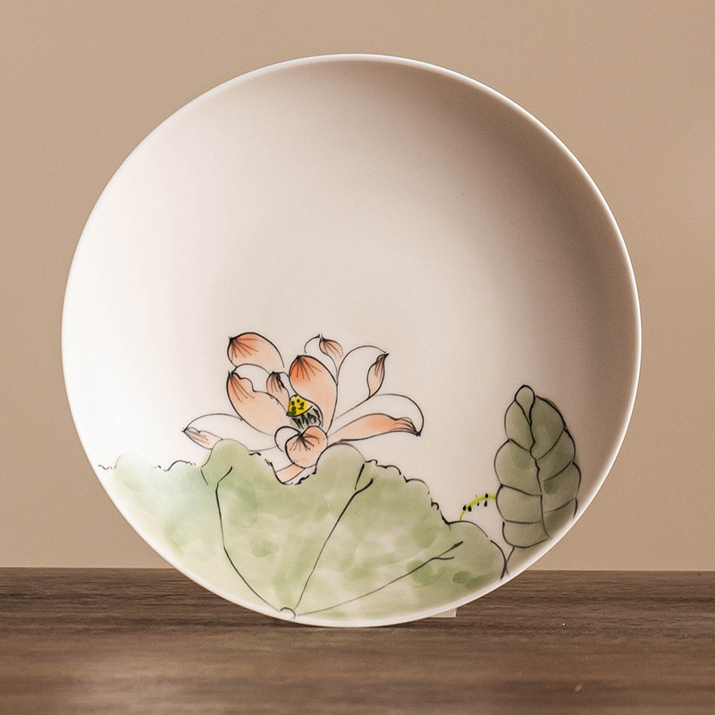 Bình hoa sen vẽ tay màu hồng, khay đựng gốm sứ gia dụng hình tròn, khay đựng trà cổ điển kiểu Trung Quốc, phụ kiện trà đạo