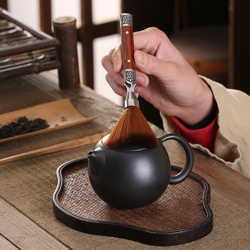 Bộ sáu quý ông trà đạo bằng gỗ mun chống trượt kẹp trà inox cầm bút dao thìa phụ kiện trà đạo dụng cụ pha trà