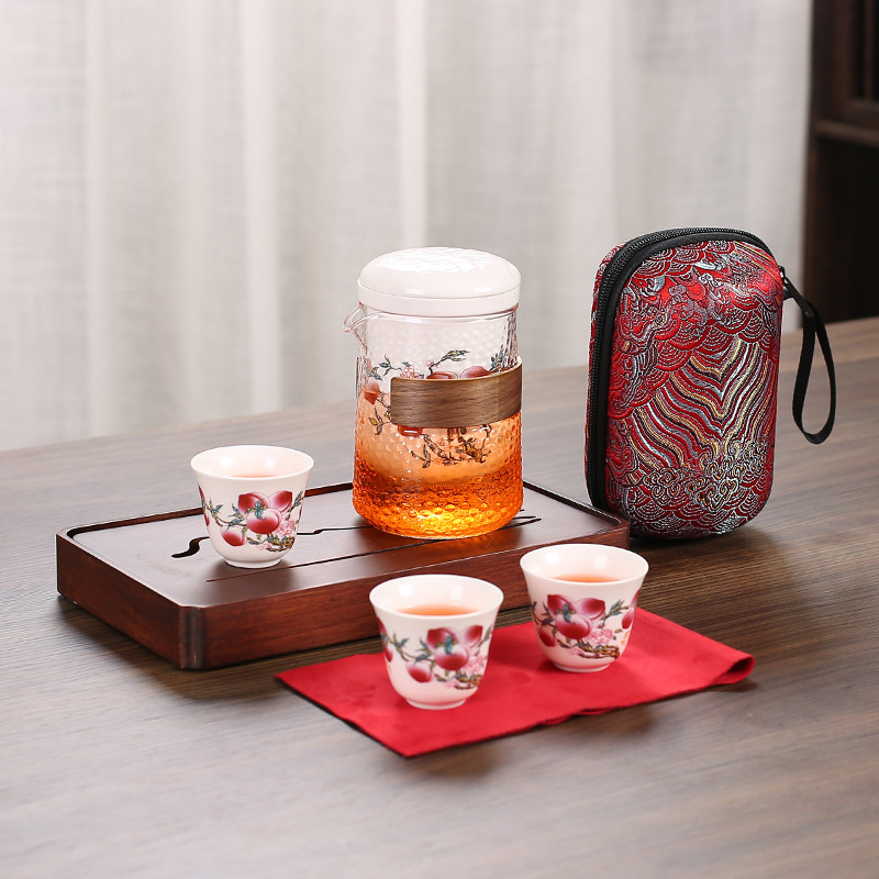 Bộ trà du lịch Jiutao di động, một ấm Ba cốc, tách nhanh, Bộ trà Kungfu cao cấp, quà tặng logo sáng tạo