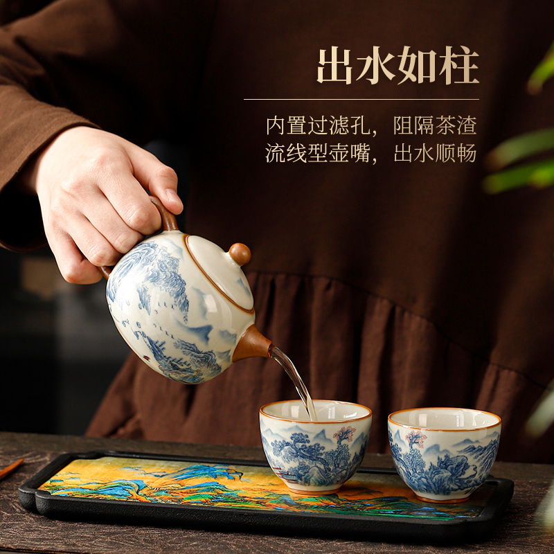 Bộ ấm chén trà Kung Fu hoa Ruyao nhỏ, một ấm bốn chén, dùng cho nhà ở, khách sạn, kiểu cổ điển Trung Hoa, màu xanh trắng.