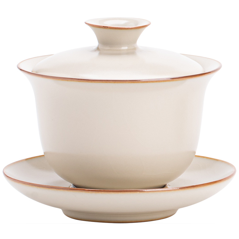 Bát có nắp tam tài ở lò Ru màu be, bát phục trà gốm sứ gia dụng, dụng cụ pha trà Kung Fu có thể nâng đỡ, bát pha trà đơn chống bỏng