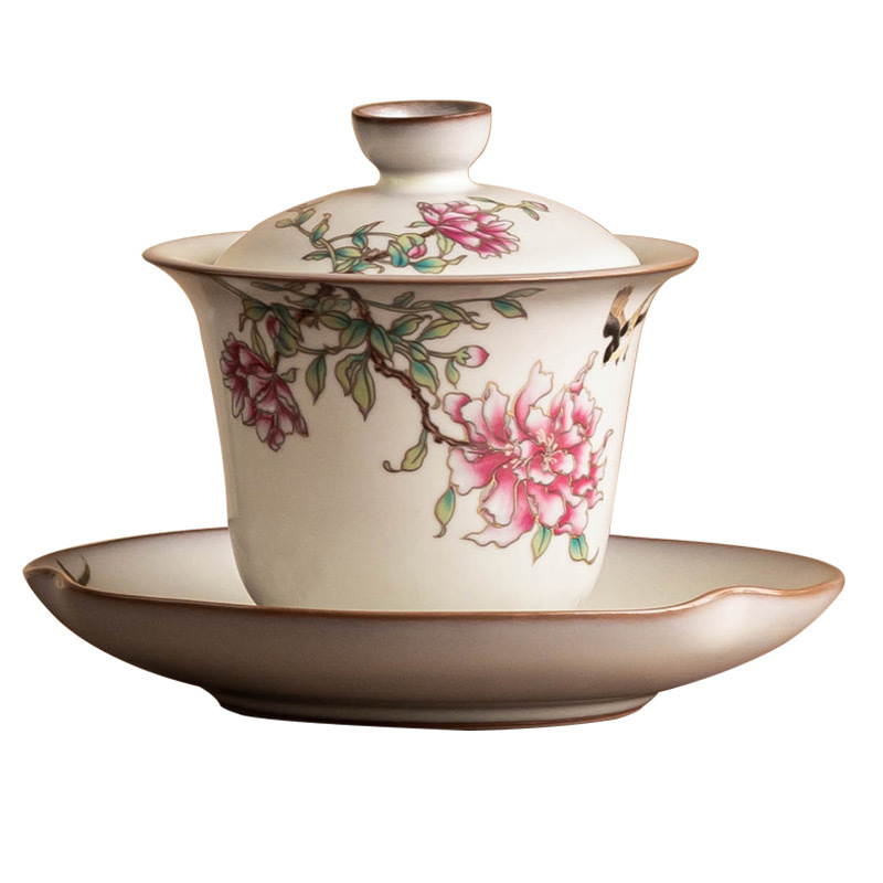 Cốc trà cốc trà bát trà hoa mẫu đơn đông mỡ lợn có nắp pha trà sứ gia dụng