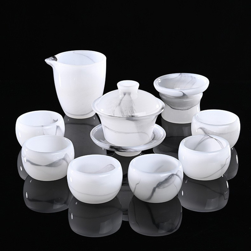 Bộ trà men màu, tách trà ngọc trắng, quà tặng văn phòng gia dụng, ấm trà sứ ngọc, bát có nắp Kung Fu thủy tinh, hộp quà bán buôn