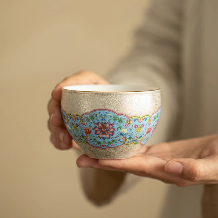 Hoa bạc cloisonné, cốc chủ nhân mạ bạc gấm, cốc trà phong cách cung đình, cốc trà cá nhân, cốc đơn