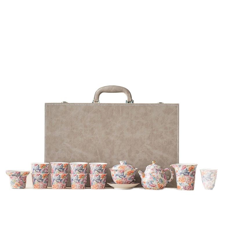 Bộ ấm trà Trăm hoa tráng men bộ lớn ấm trà gốm sứ phòng khách gia dụng có nắp cốc trà cao cấp tặng lãnh đạo hộp quà