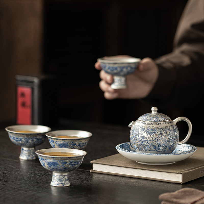 Bộ ấm trà hoa sen mạ bạc gia dụng một ấm bốn tách trà bộ tặng quà tặng người lớn tuổi lãnh đạo doanh nghiệp
