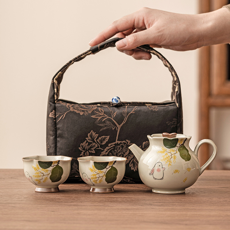 Bộ trà du lịch thỏ xám cỏ một bình hai cốc ấm trà gốm sứ di động ngoài trời bộ trà kungfu