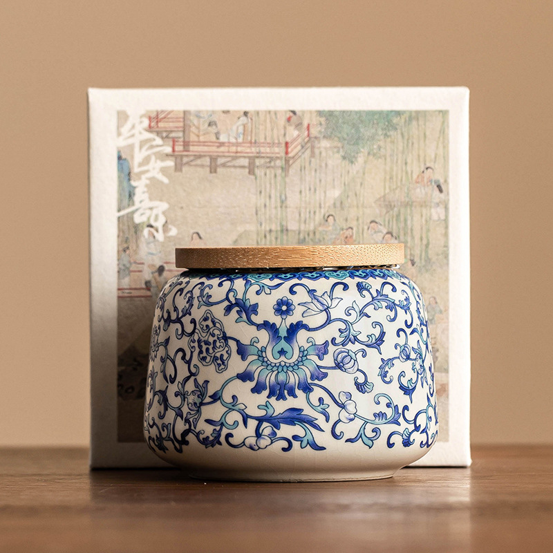 Bình đựng trà gốm sứ, bình đựng trà hoa sen xanh trắng ở lò cảm giác cao cấp, bình kín chống ẩm, bình đựng trà kiểu Trung Quốc