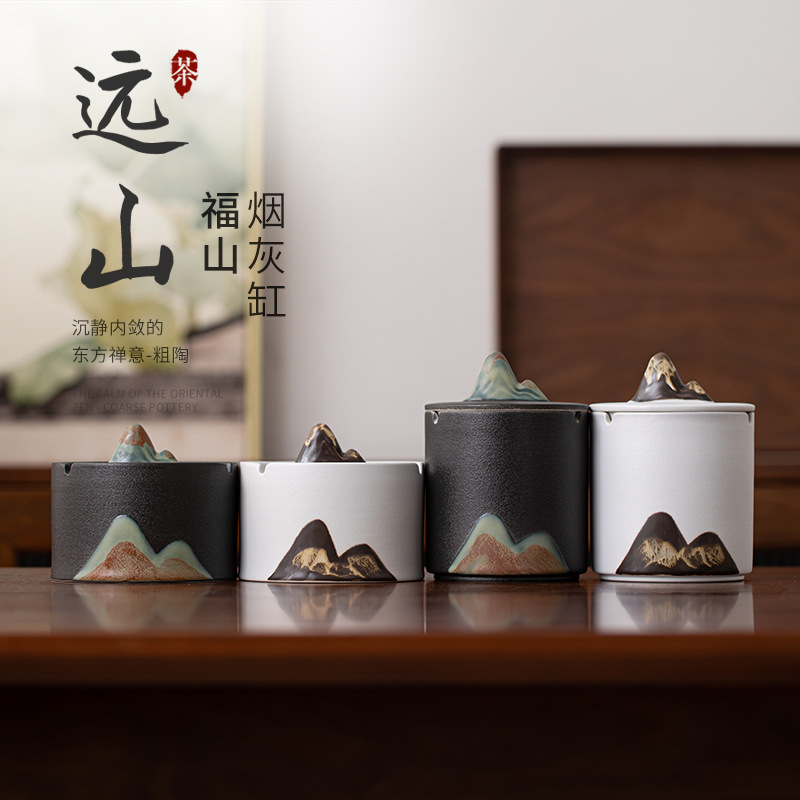 Gạt tàn có nắp núi xa, bàn trà chống bay phòng khách gia dụng thủ công sáng tạo, gạt tàn gốm sứ chống gió đơn giản