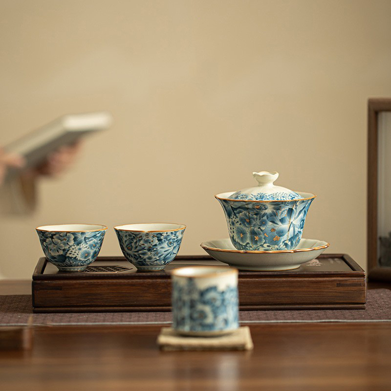 Bộ trà Đức Hoa Bộ trà gốm sứ Vạn Hoa trắng xanh thủ công bát trà bát trà chén trà khay trà chén trà bộ trà Kung Fu Trung Quốc