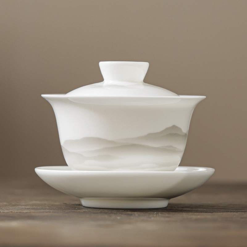 Bát tam tài sứ trắng ngọc cừu bát pha trà cao cấp cốc trà gốm sứ Đức Hoa thủ công dung tích lớn một tay