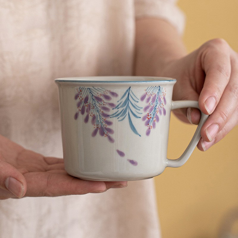 Cốc hoa tử đằng vẽ tay cốc cá nhân cốc trà gốm sứ màu xám thực vật tráng men cốc uống nước cốc tay cầm cốc chủ nhân