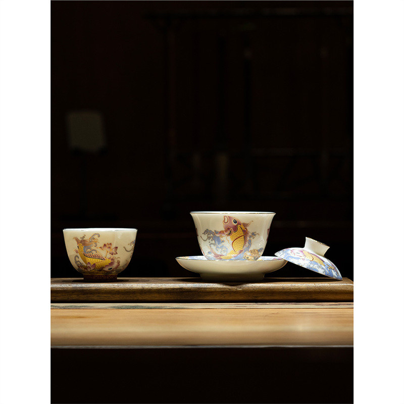 Cốc trà gốm sứ Dehua bát trà cá rồng bát trà lớn văn phòng một bát ba tài năng mỡ cừu ngọc trắng sứ lưu niệm