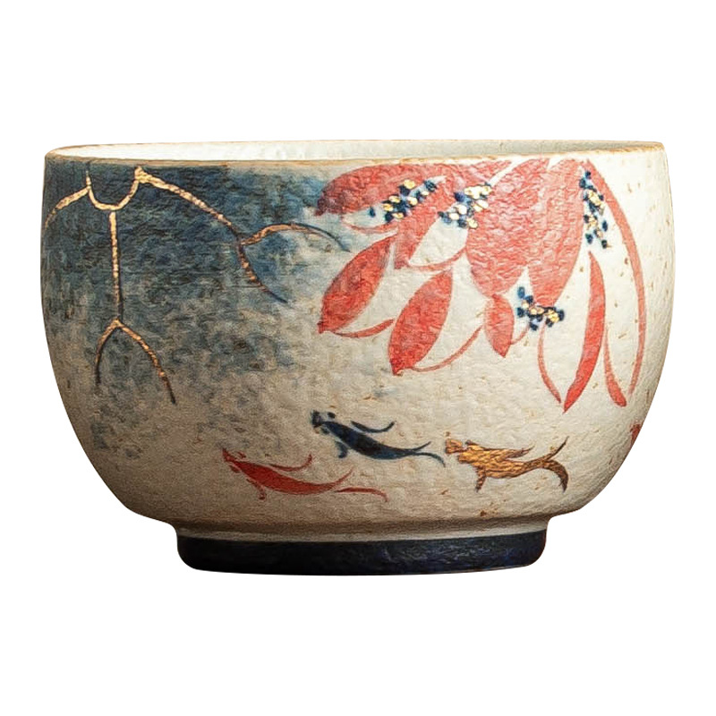 Nhà máy màu xanh và trắng, đá lửa đỏ, cốc chủ nhân, vàng vẽ tay, hoa sen, cá koi, cốc La Hán, cốc trà gốm sứ, cốc trà