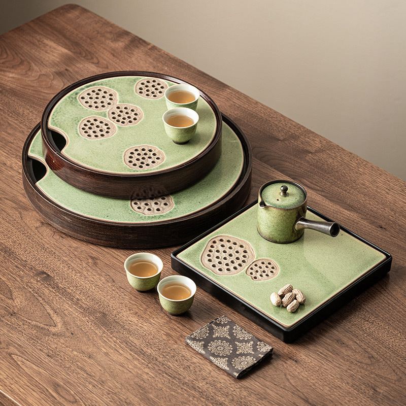 Khay trà cổ điển lò nung khay tròn gia dụng dụng dụng cụ trà Kung Fu kiểu Trung Quốc khay đựng nước khay pha khô gốm sứ bàn trà loại nhỏ