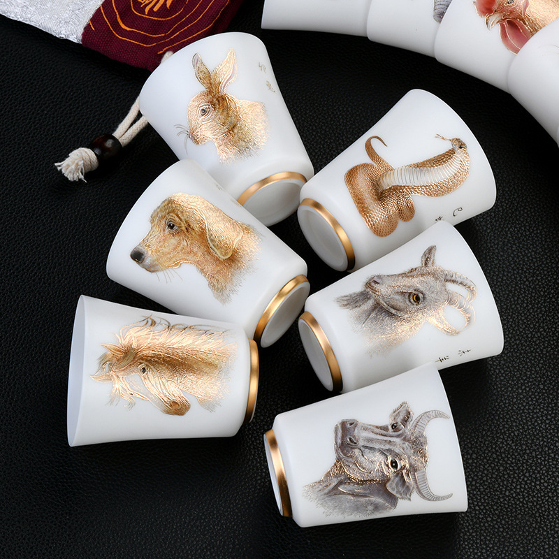 Cốc chủ nhân 12 cung hoàng đạo, cốc trà mỏng sứ trắng ngọc cừu, cốc trà, cốc đơn cá nhân, bộ trà Kung Fu, hộp quà