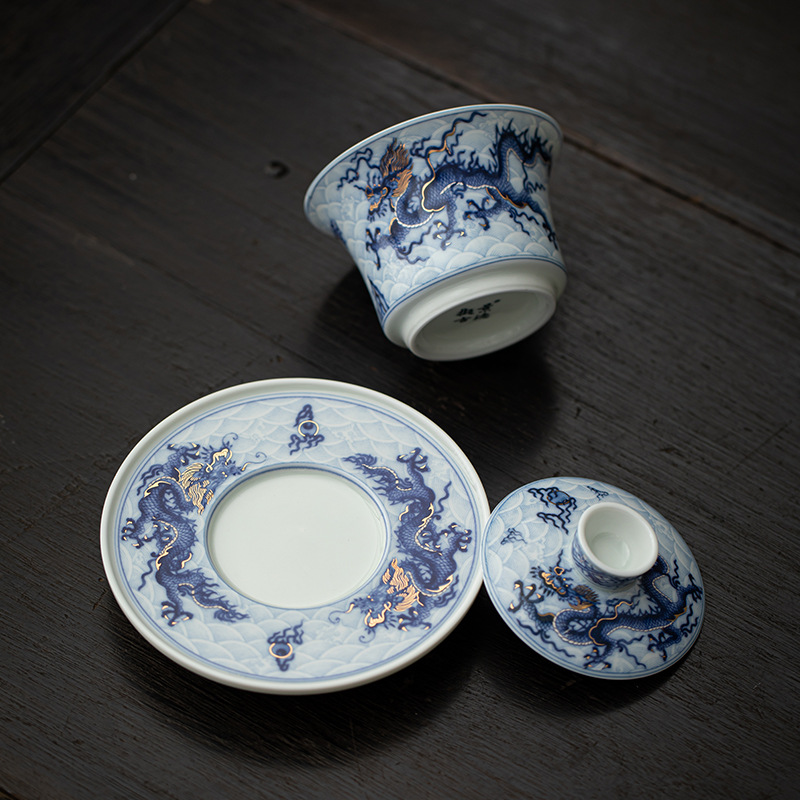 Bộ ấm trà gốm sứ hoa văn rồng sai vàng bạc bộ ấm trà cốc trà có nắp Kung Fu cao cấp kiểu Trung Quốc văn phòng quà tặng