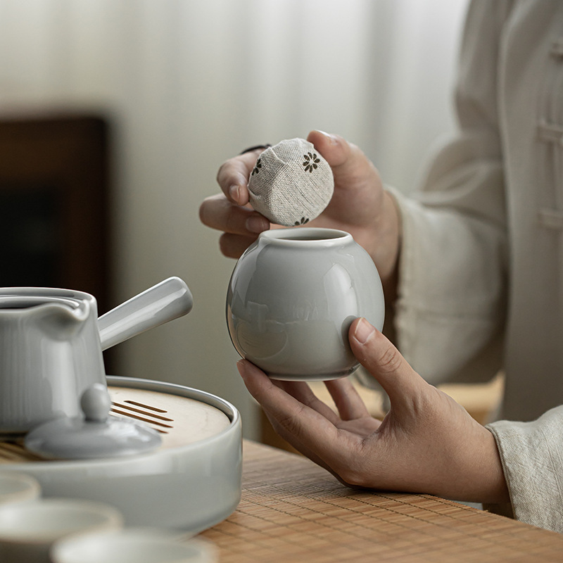 Bộ ấm trà tráng men đá xám Khay trà trữ nước gia dụng đơn giản kiểu Nhật Bộ ấm trà Kung Fu bộ nhỏ pha khô hộp quà