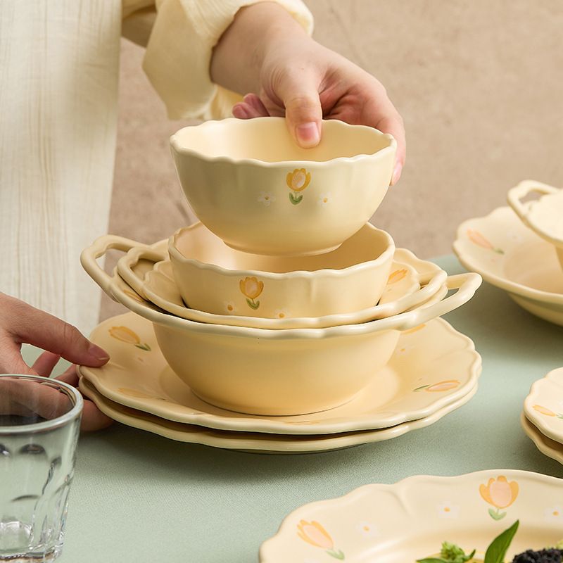 Bộ đồ ăn bằng sứ đá hoa tulip, đĩa thức ăn, bát súp gia dụng, bộ đĩa ăn sáng giá trị cao theo phong cách kem đơn