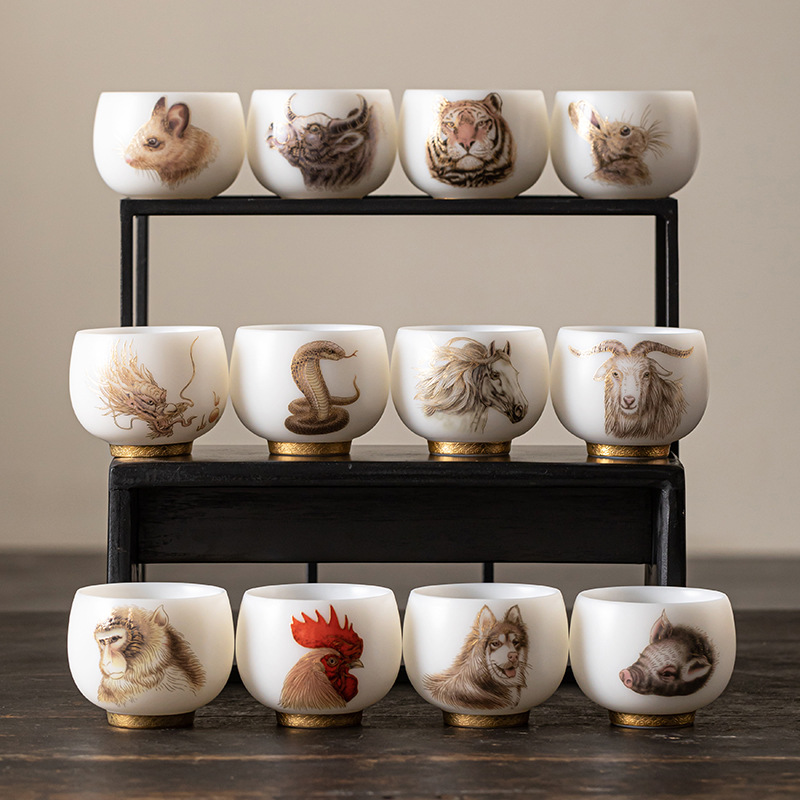 Phong cách cổ điển mười hai cung hoàng đạo mỡ cừu ngọc công phu tách trà cốc pha trà sứ trắng ngọc Đức Hoa cốc dày hoàng đạo