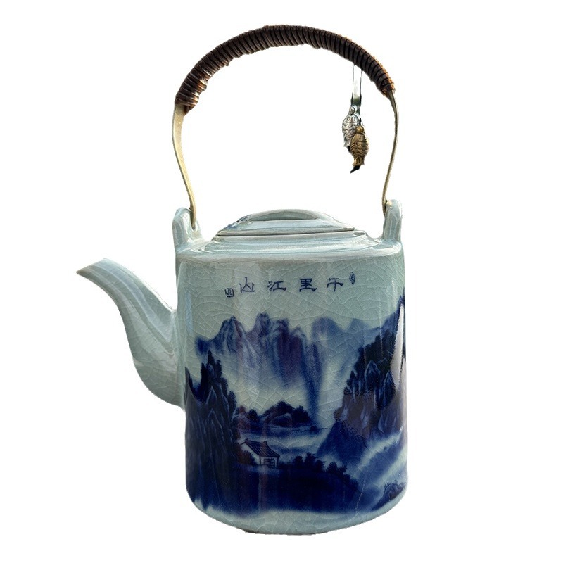 Bộ ấm chén trà gốm sứ cổ điển, men nứt, dung tích lớn, dùng cho gia đình, đựng nước lạnh.