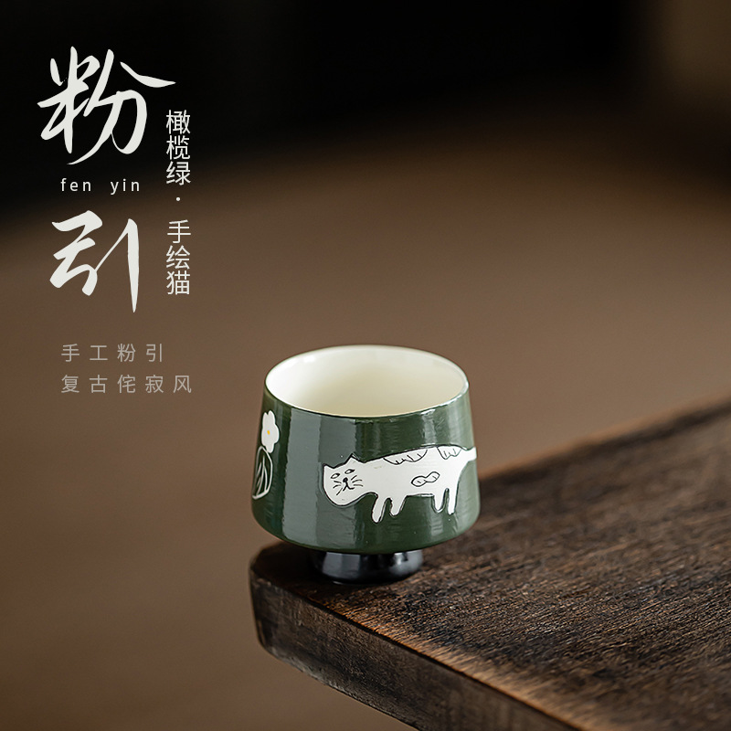 Cốc ngọc mèo vẽ tay màu xanh ô liu màu hồng cốc trà kungfu gốm phong cách Nhật Bản wabana cốc chủ nhỏ cốc đơn
