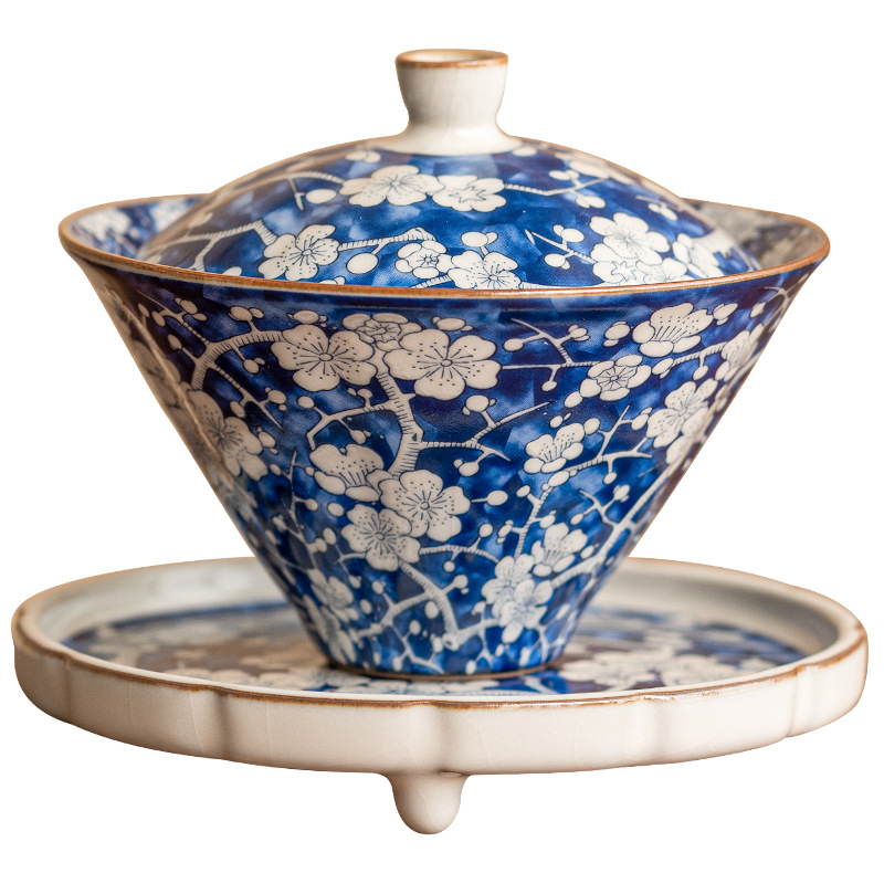 Giả Song Ru lò màu xanh băng hoa mận mũ có Nắp bát trà Bộ trà cao cấp có nắp Bát Trà Tam Tài Bát lớn