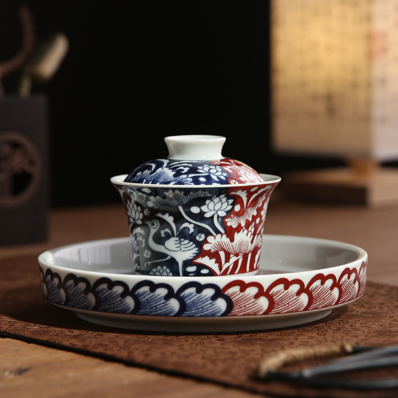 Cốc trà bát có nắp ba tài bằng gốm sứ xanh và trắng Jingdezhen Bộ trà bát pha trà Kung Fu cao cấp duy nhất bộ ấm trà