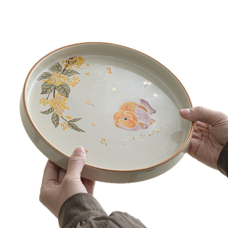 Khay pha khô cá osmanthus vàng xám thực vật phong cách dân tộc khay trà hình tròn gốm sứ gia dụng khay trái cây kiểu Trung Quốc phụ kiện bộ trà Kung Fu