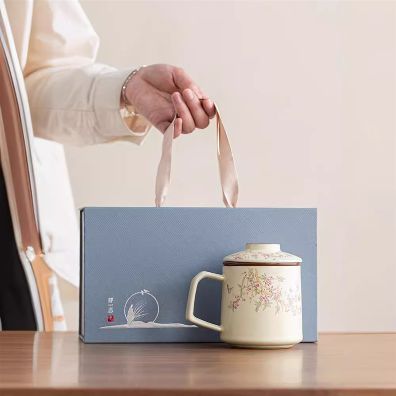 Cốc pha trà lọc gốm sứ Ru Kiln Cốc pha trà tách trà có nắp làm quà lưu niệm doanh nghiệp