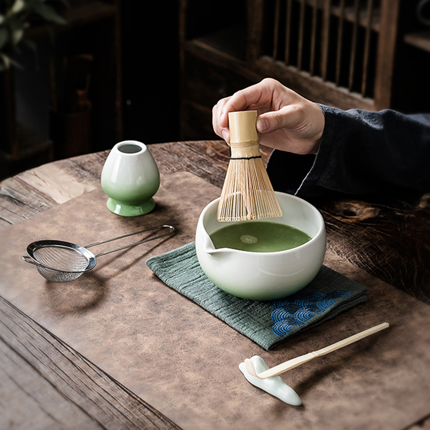 Bộ 8 món matcha bán buôn, chén trà gốm sứ màu chuyển sắc, bộ dụng cụ pha trà thời nhà Tống, gồm chổi đánh trà, rây lọc, bàn chải trà