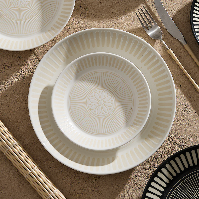 Đĩa gốm sứ Đức Hoa cao cấp in hình chạm nổi đĩa sâu Đĩa nông Bộ đồ ăn kiểu Nhật đồ ăn nghệ thuật đĩa bày món ăn gia dụng