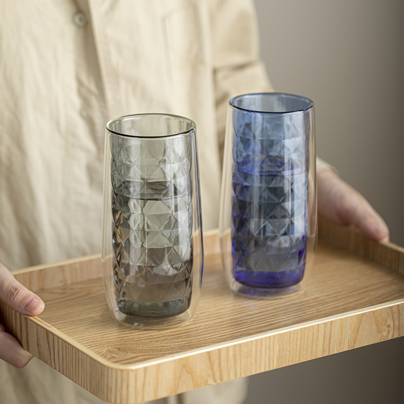 Ly nước thủy tinh hai lớp kẻ sọc, ly cola, ly cà phê chịu nhiệt độ cao, ly nước trái cây, ly đồ uống, đơn giản