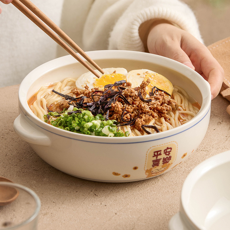 Bát mì ăn liền hai tai màu xanh nồi súp bát sứ lớn dày bát súp hộ gia đình cao cấp chậu súp ốc sên bát mì