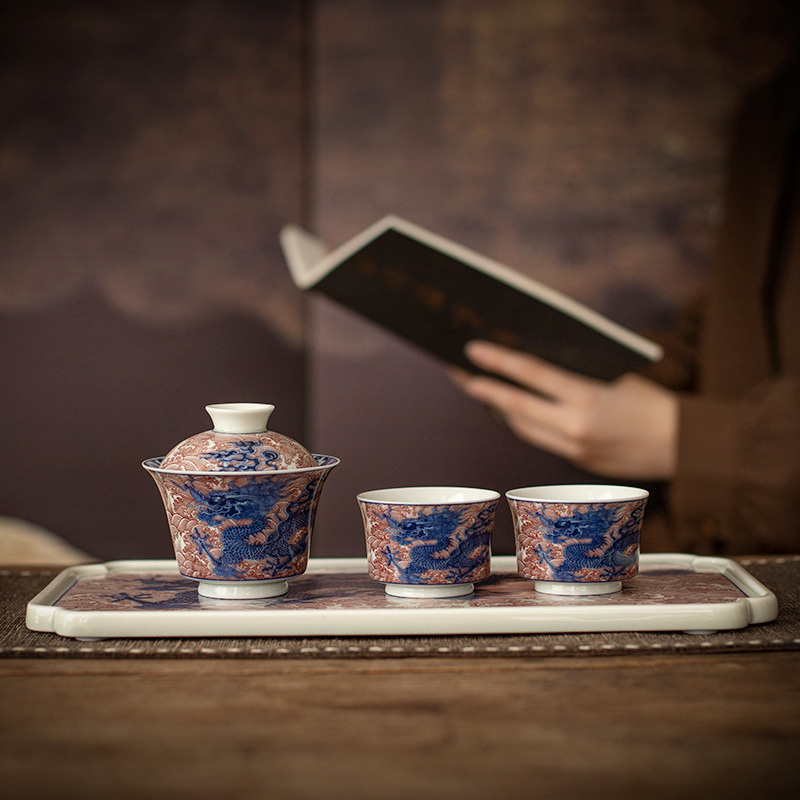 Yan Jiang Tang cũ đất sét gốm men nước biển đỏ mở miếng móng ngựa nắp bát trà cốc trà gia dụng bộ đồ trà