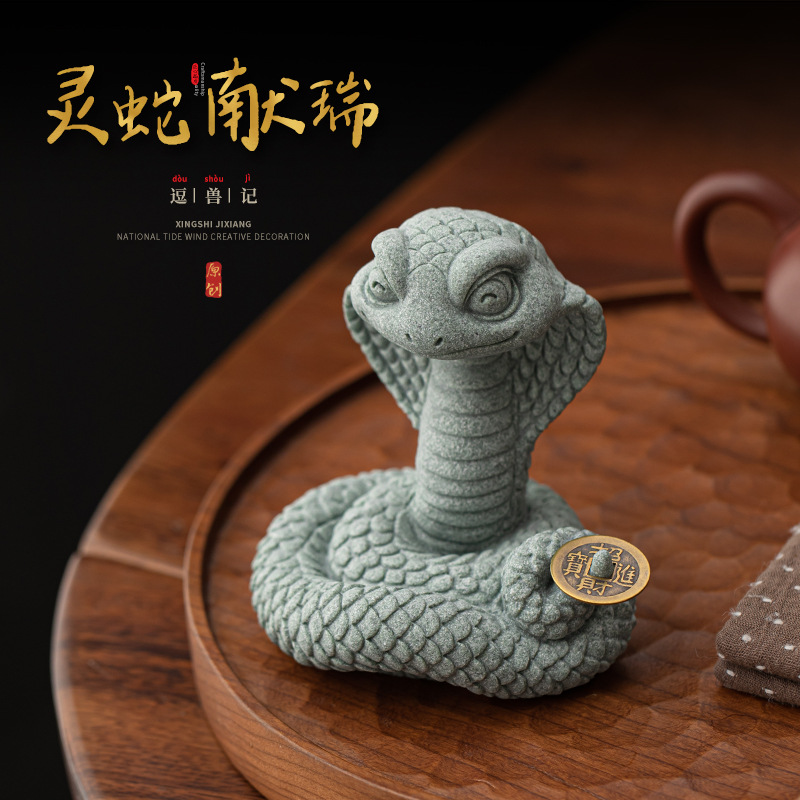 Đồ trang trí thú cưng trà may mắn rắn hổ mang phong cách Trung Quốc màu xanh lam