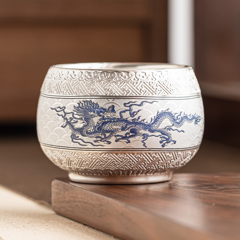 Cốc chủ nhân mẫu mới 2025 cốc trà cao cấp 999 mạ bạc rồng bay lên mây thiền cốc nếm trà cốc trà