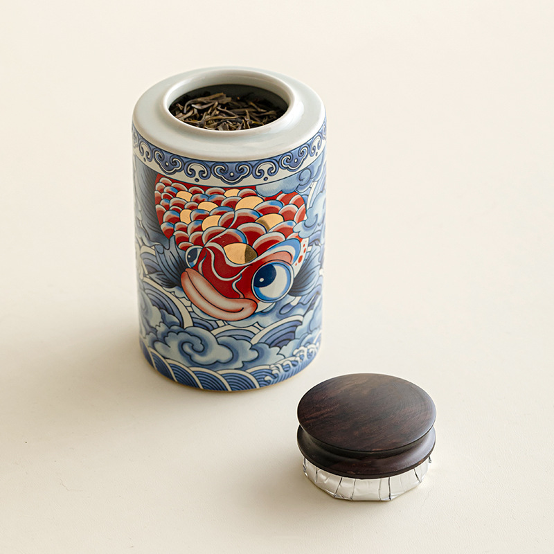 Bình đựng trà đầy màu sắc màu xám thực vật phong cách quốc gia, bình gốm kín, bình chống ẩm, phụ kiện bộ trà kho trà gia dụng Trung Quốc
