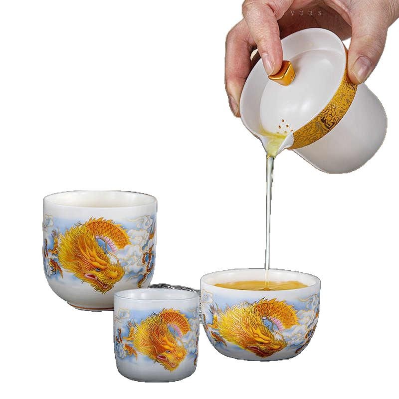 Su Yuannian năm rồng mỡ cừu ngọc sứ cốc khách nhanh một ấm hai cốc cao cấp sứ trắng Dehua túi xách ngoài trời du lịch