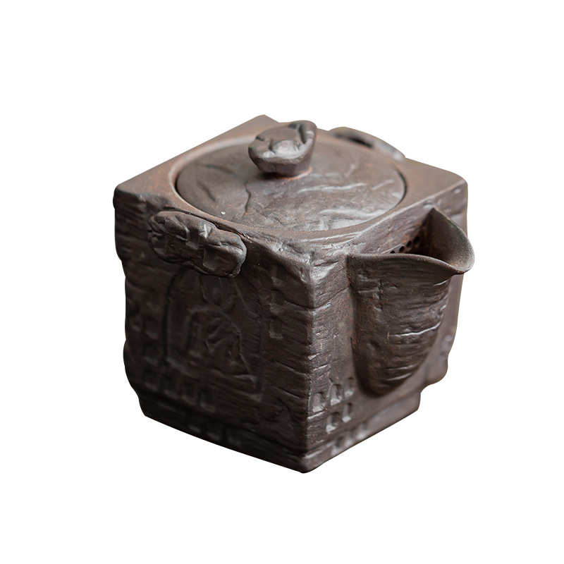 Ấm tay cầm tay hình vuông Zen Shadow Old Rock Clay Dụng cụ pha trà Kung Fu gốm thô gia dụng Ấm trà đơn dùng cho cá nhân không nóng