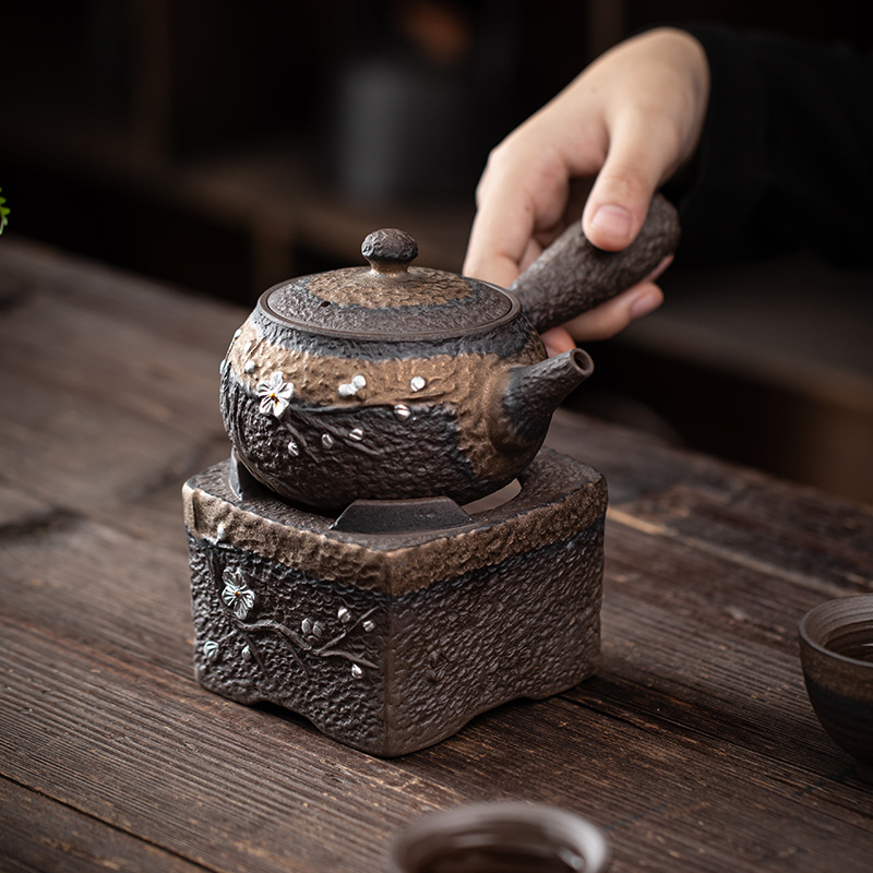 Bộ ấm trà tráng men mạ vàng kiểu Nhật dụng cụ ấm trà cổ điển thủ công Bộ Ấm Trà Công Phu gốm sứ đế sưởi nến