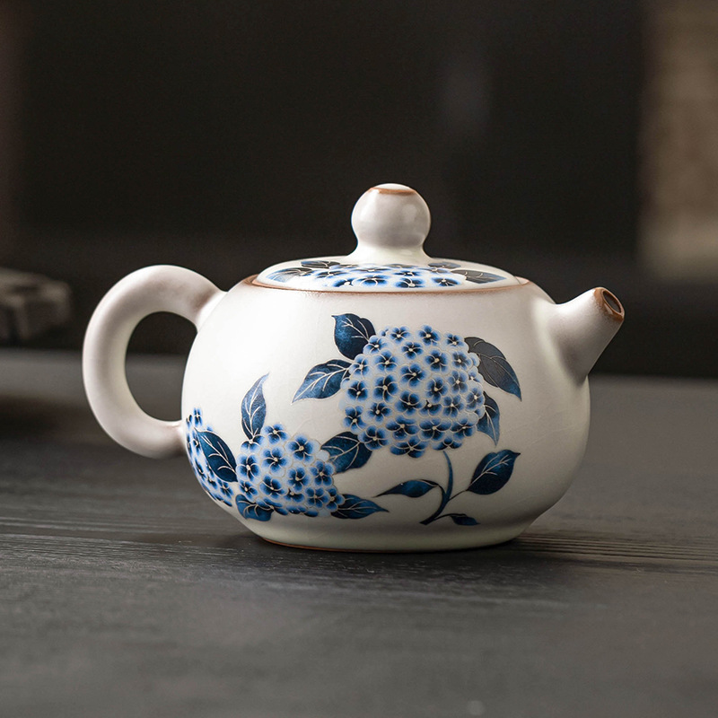 Ấm trà cổ điển kiểu Trung Quốc Ru Kiln, cốc trà, thạch mỡ lợn, hoa cẩm tú cầu Ruqing, ấm một ấm hai cốc, ấm pha trà gốm sứ