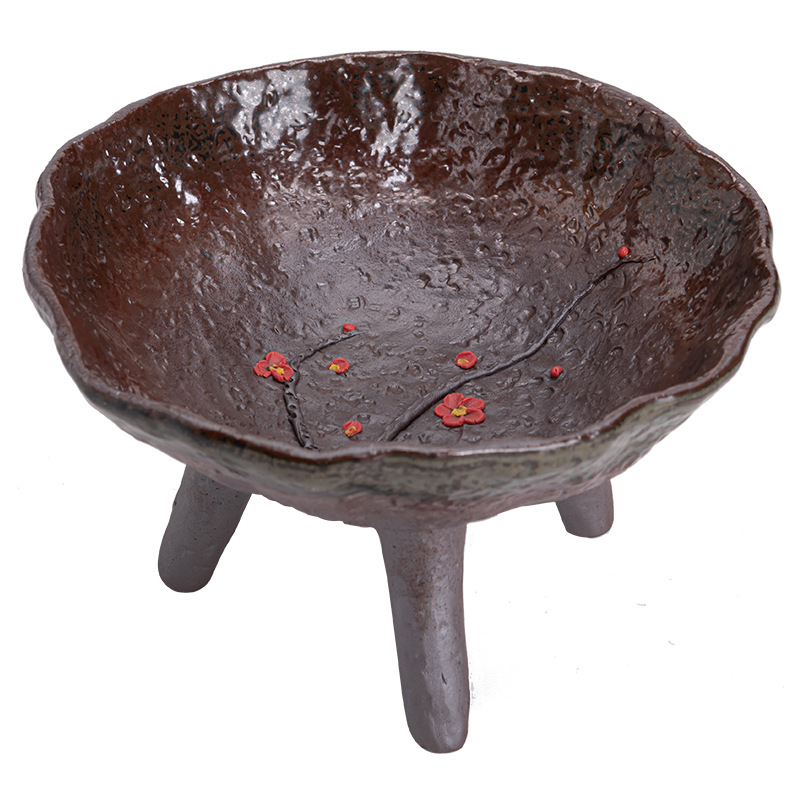 Đĩa hoa quả gốm thô ba chân sáng tạo thủ công, đĩa giải khát Gốm Sứ Cổ Điển gia dụng phòng khách, đĩa ăn nhẹ hạt dưa trái cây sấy khô